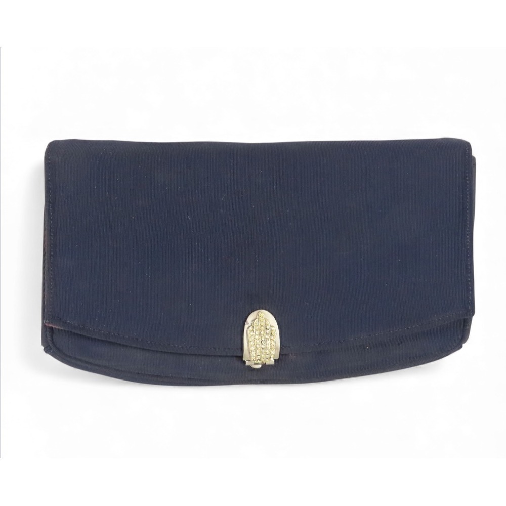 VINTAGE Garay Navy Blue Clutch Bag Purse SILVER RHINESTONE LEVER CLASP BROOCH